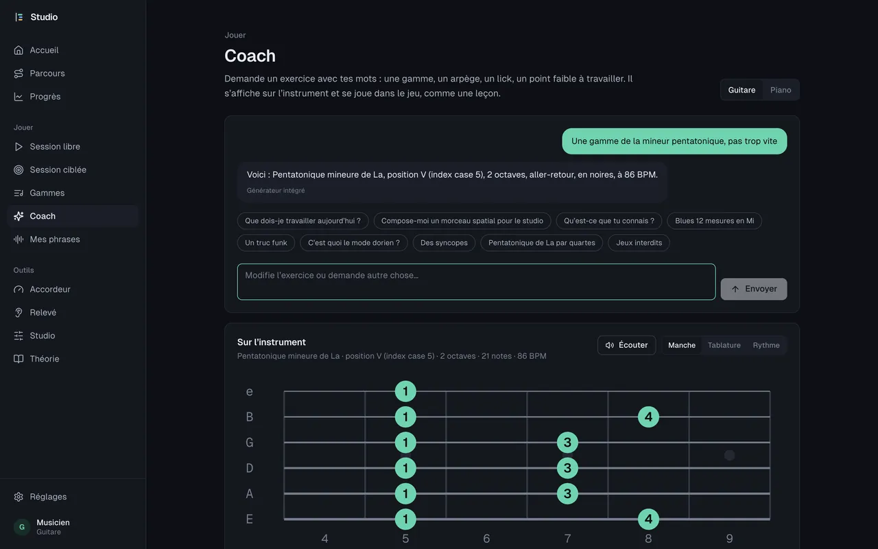 Capture réelle du coach : une gamme pentatonique de la mineur, doigtés sur le manche