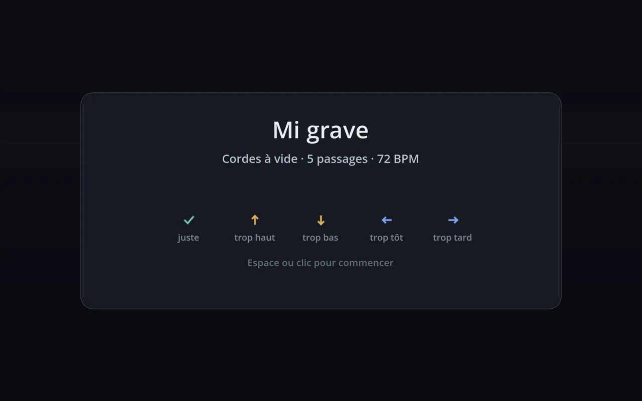 Capture réelle du jeu au début d'une leçon : Mi grave, et ses cinq verdicts possibles