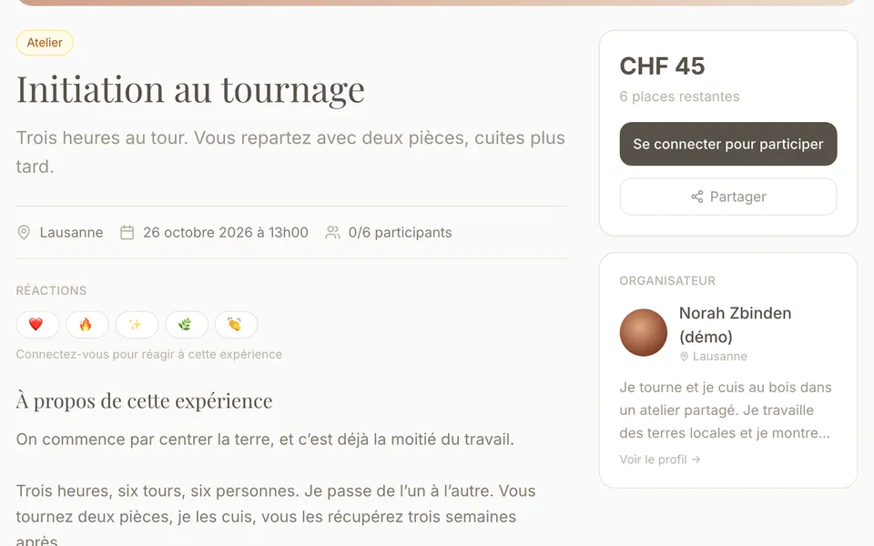 Capture réelle de Trybes : un atelier de démonstration avec son lieu, sa date, ses places et son prix