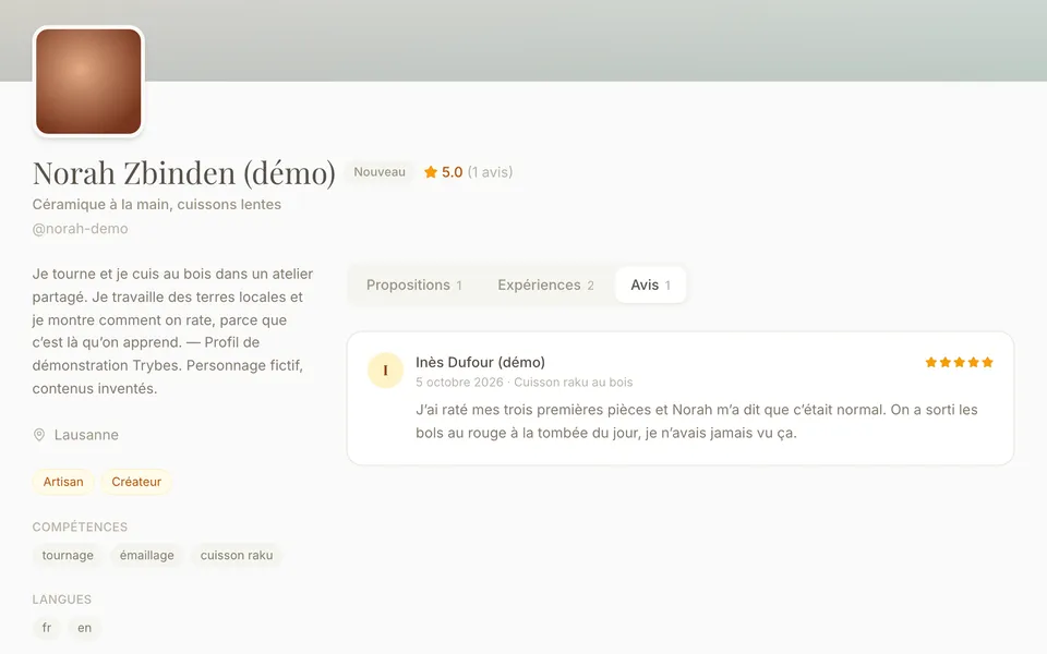 Capture réelle de Trybes : un avis laissé sur le profil de démonstration