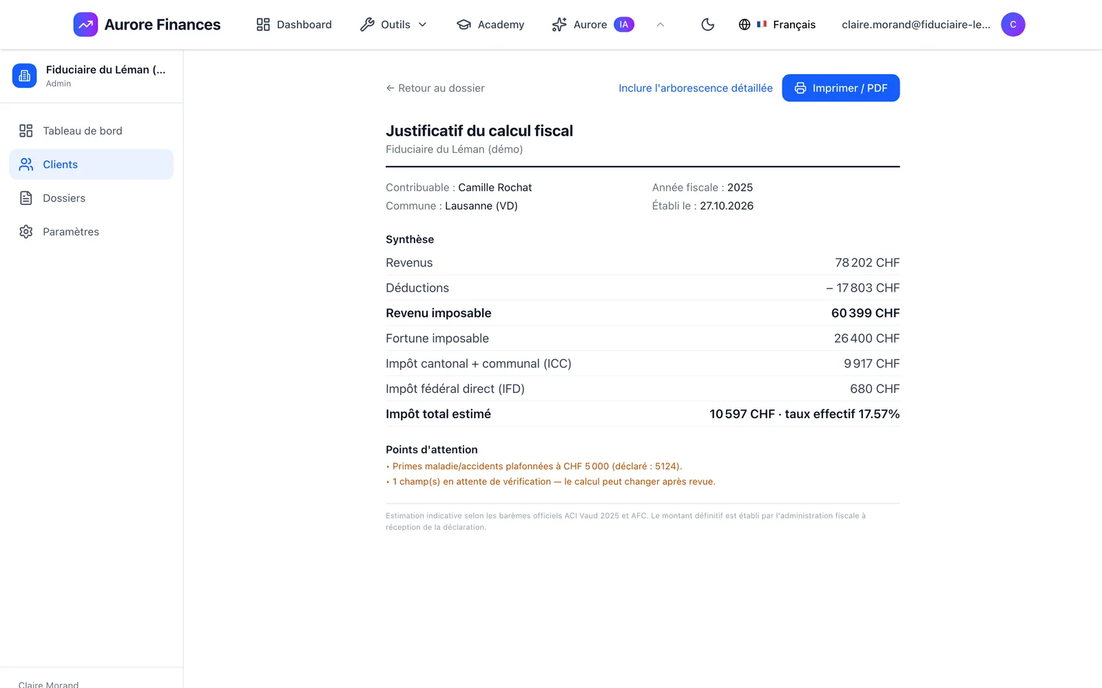 Capture réelle : justificatif du calcul fiscal d’une cliente fictive