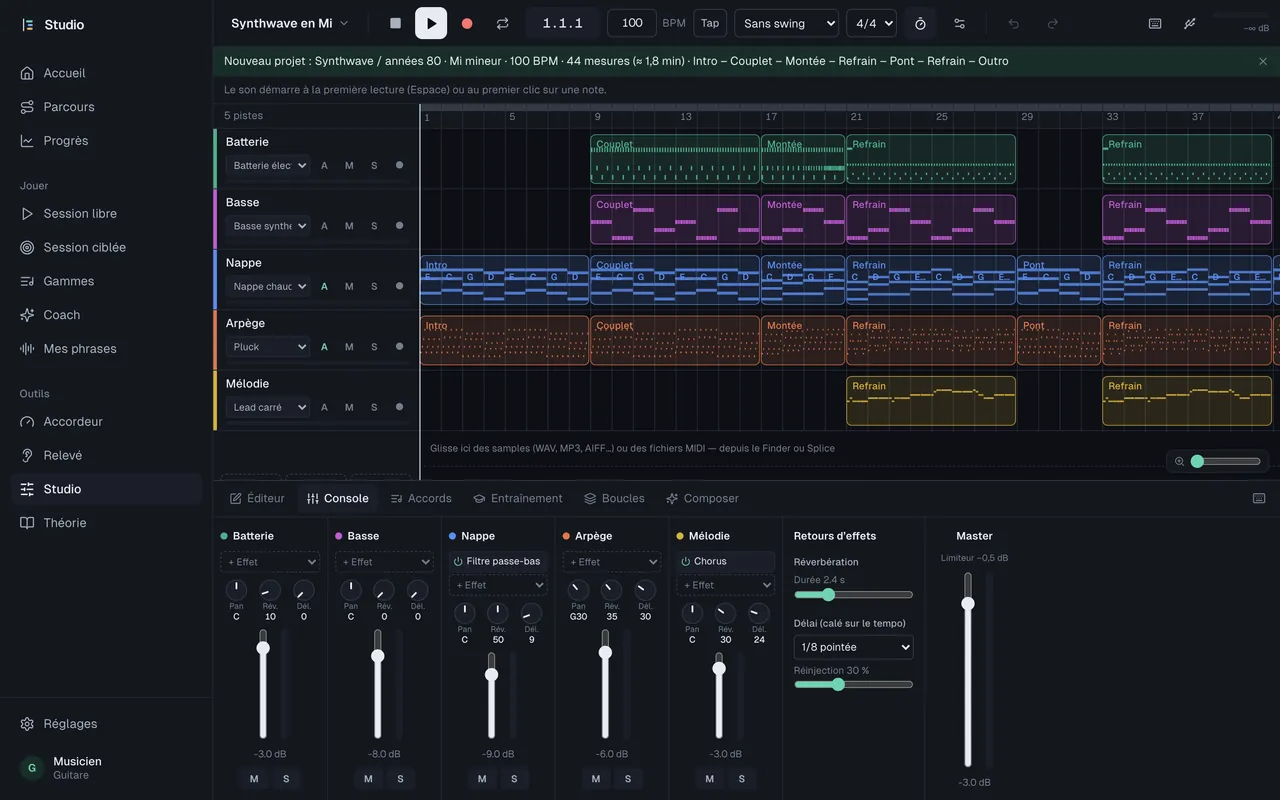 Capture réelle du Studio Musical IA : cinq pistes d'un morceau et la console de mixage